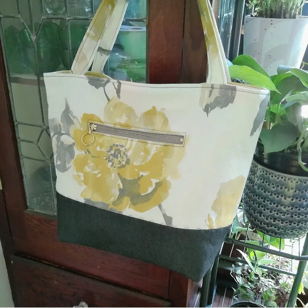 Handcrafted Fabric Purse Cream Artisan Carryall Tote Floral Denim Shoulder Bag